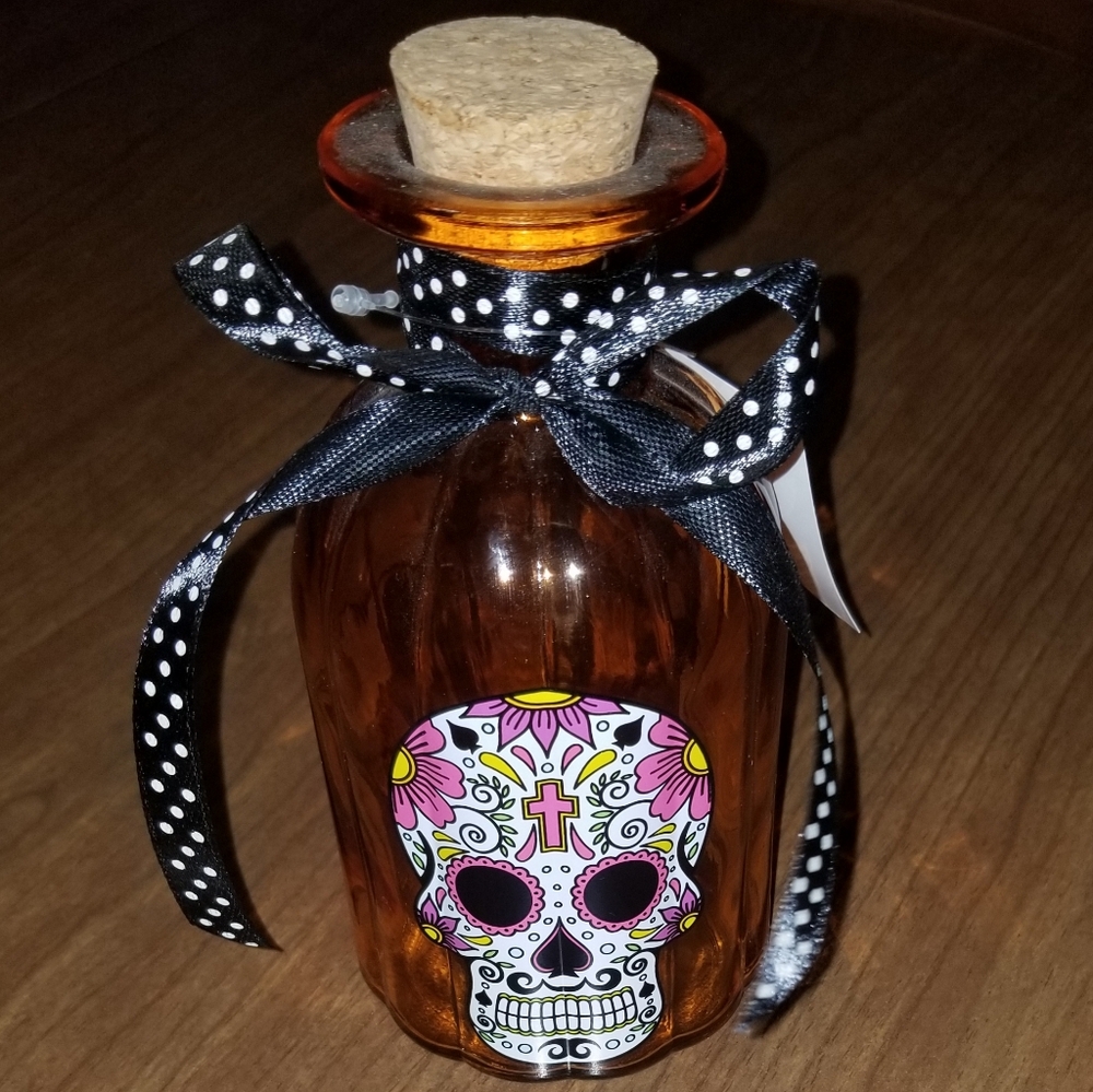 Orange Glass Bottle with Cork; Skull Design, Polka Dot Bow
